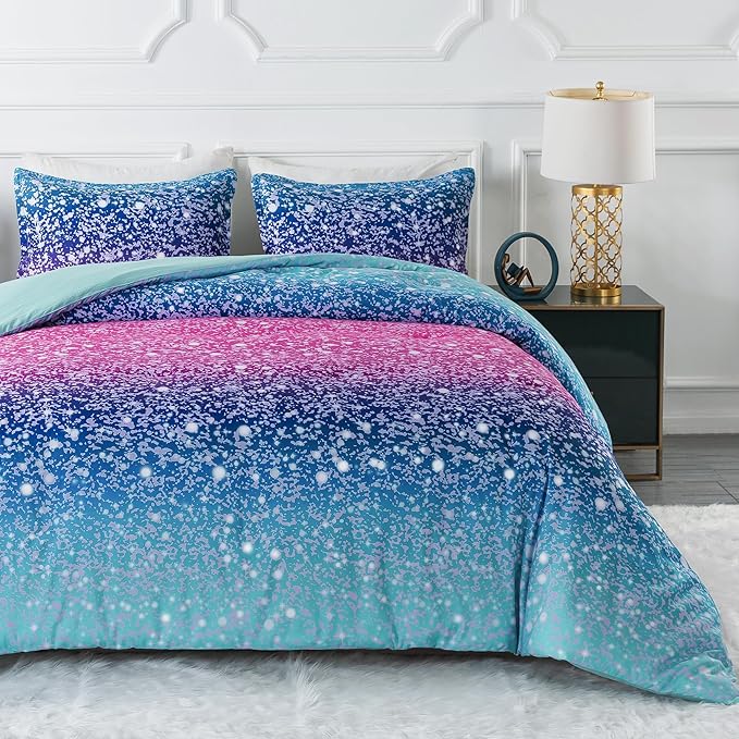 Litanika Galaxy Comforter Queen(90x90lnch), 3 Pieces(1 Blue Glitter Ombre Comforter, 2 Pillowcases), 3D Colorful Rainbow Bedding Set, Microfiber Comforter Set for Kid Boy Girl Teen - LeafyLoom