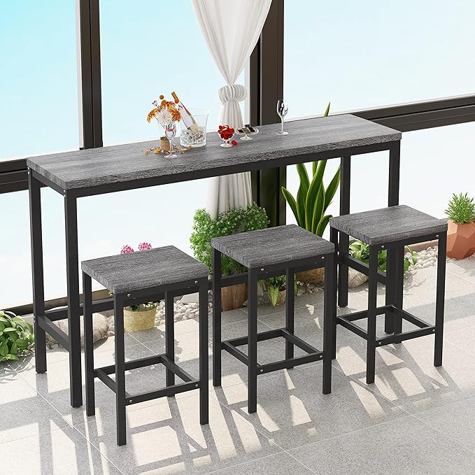NicBex Kitchen Table Set Dining Room Table Set Modern Design Kitchen Dining Table, Pub Table, Long Dining Table Set with 3 Stools for Kitchen, Apartment, Easy Assembly, Gray - LeafyLoom