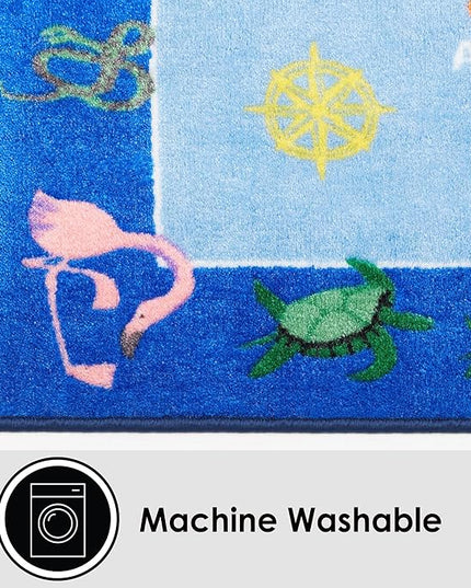 Eric Carle Elementary World Map Kids Machine Washable Area Rug Blue/Red, 6'6"x9'5" - LeafyLoom