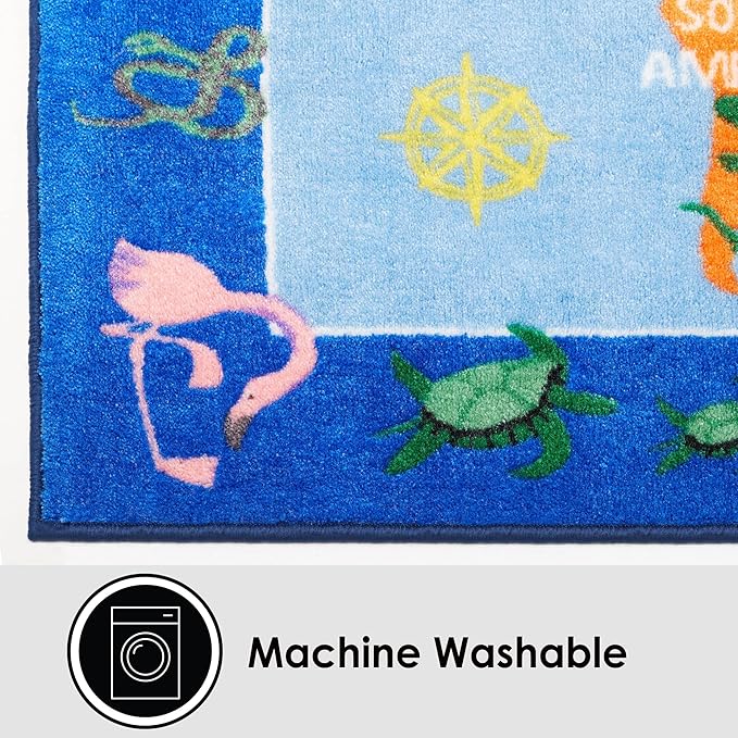 Eric Carle Elementary World Map Kids Machine Washable Area Rug Blue/Red, 6'6"x9'5" - LeafyLoom