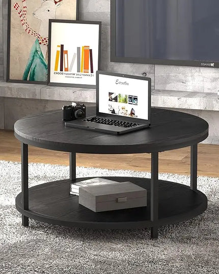 NSdirect 36 inches Round Coffee Table, Rustic Wooden Surface Top & Sturdy Metal Legs Industrial Sofa Table for Living Room Modern Design Home Furniture with Storage Open Shelf (Black) - LeafyLoom