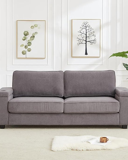 Modern Living Room Upholstered 3 Seater Sofa Couch Deep Seat Soft Corduroy Sofa&Couch with Storage Armrests, 2 Cupholders, Type-C and USB Charging Ports for Home, Apartment, Office - LeafyLoom