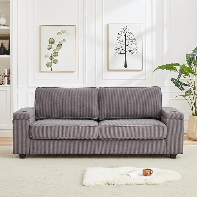 Modern Living Room Upholstered 3 Seater Sofa Couch Deep Seat Soft Corduroy Sofa&Couch with Storage Armrests, 2 Cupholders, Type-C and USB Charging Ports for Home, Apartment, Office - LeafyLoom