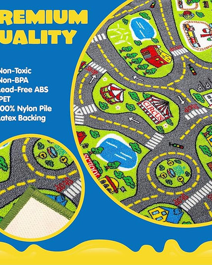 JOYIN Kids Play Rugs - 12 Pull-Back Vehicle Set - Durable Carpet Playmat Rug - City Pretend Play - Toddler Car Track Rug - LeafyLoom