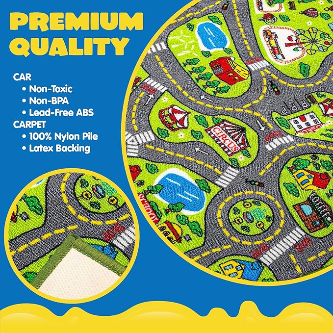 JOYIN Kids Play Rugs - 12 Pull-Back Vehicle Set - Durable Carpet Playmat Rug - City Pretend Play - Toddler Car Track Rug - LeafyLoom