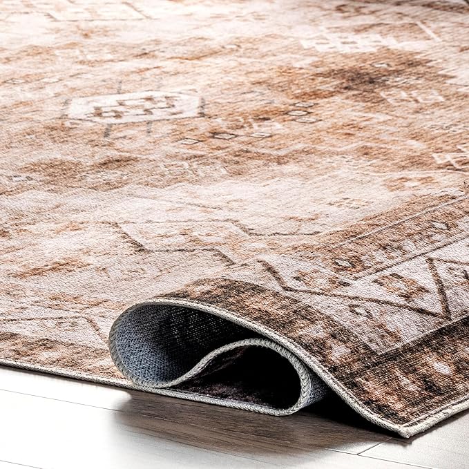 nuLOOM Dorota Machine Washable Geometric Medallion Ultra Thin Runner Rug, 2' 6" x 8', Beige - LeafyLoom