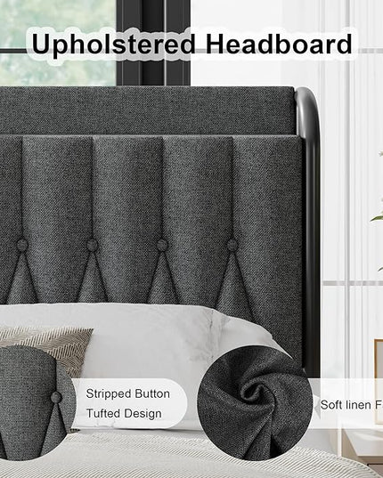 Feonase Queen Bed Frame with Type-C & USB Port, Metal Platform Beds, with Linen Upholstered Headboard & Footboard, 12" Underbed Storage Space, Easy Assembly, Noise-Free, Black Gray - LeafyLoom