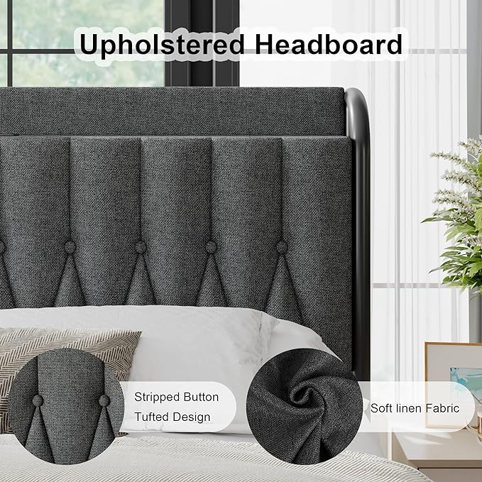 Feonase Queen Bed Frame with Type-C & USB Port, Metal Platform Beds, with Linen Upholstered Headboard & Footboard, 12" Underbed Storage Space, Easy Assembly, Noise-Free, Black Gray - LeafyLoom