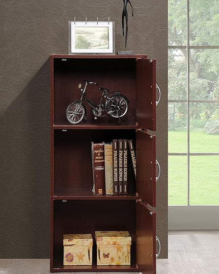 HODEDAH 3 Door Bookcase Cabinet, Mahogany - LeafyLoom