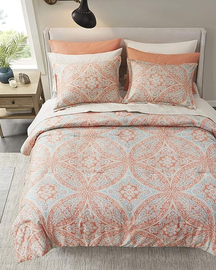 Comfort Spaces Bed in A Bag - Trendy Casual Design Cozy Comforter with Complete Sheet Set with Side Pocket, All Season Cover, Matching Shams, Full(80"x90"), Gloria, Damask Coral 9 Piece - LeafyLoom