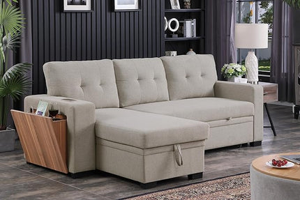 92 inch Convertible L-Shaped Sleeper Sectional Sofa with Storage Chaise,Reversible Couch with Side Open Cup Holder for Apartment, Dorm, Living Room, 92inch, Light Gray-4 - LeafyLoom