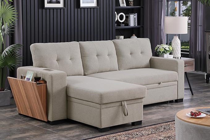 92 inch Convertible L-Shaped Sleeper Sectional Sofa with Storage Chaise,Reversible Couch with Side Open Cup Holder for Apartment, Dorm, Living Room, 92inch, Light Gray-4 - LeafyLoom