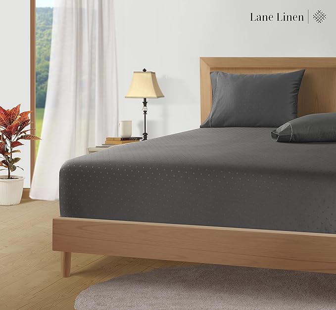 LANE LINEN 100% Egyptian Cotton Bed Sheets - 1000 Thread Count 4PC Queen Sheets Set, Long Staple Cotton Bedding Sheets, Sateen Weave, Luxury Hotel Sheets, Deep Pocket, Swiss Dot - Charcoal - LeafyLoom