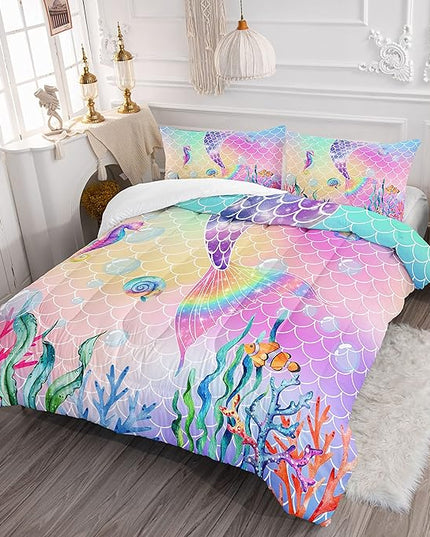 Datura home Bedding Comforter Set Rainbow Pink Mermaid Tail Printed Pattern Quilt with 1 and 2 Pillowcases for Girls Bedroom All Season(Rainbow Queen) Queen 90x90inches - LeafyLoom