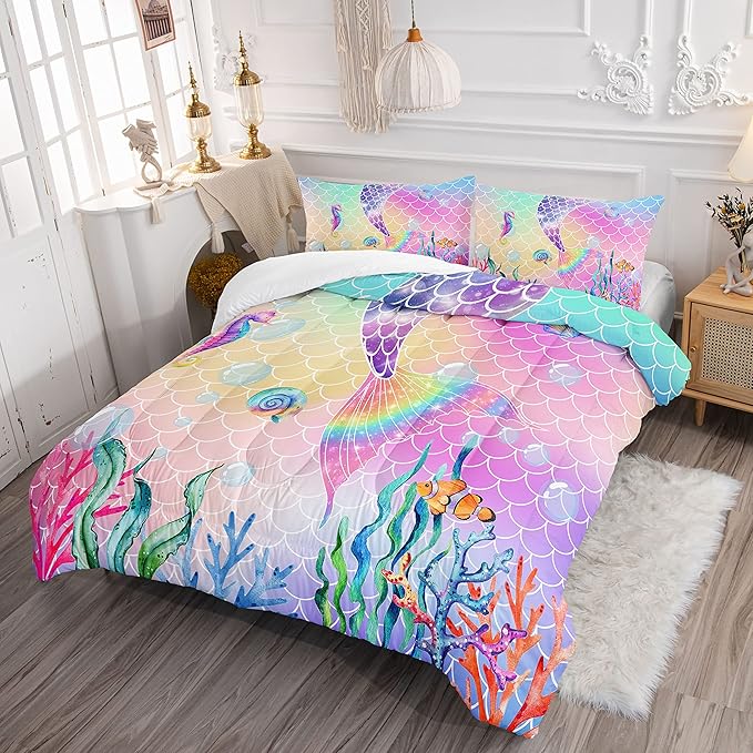 Datura home Bedding Comforter Set Rainbow Pink Mermaid Tail Printed Pattern Quilt with 1 and 2 Pillowcases for Girls Bedroom All Season(Rainbow Queen) Queen 90x90inches - LeafyLoom