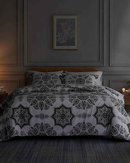 Southshore Fine Living, Inc. Oversized Full/Queen Comforter Bedding Set, Down Alternative Boho Bedspread, Paisley Floral Print Comforter, Full Size/Queen with 2 Matching Shams, Grey on White - LeafyLoom