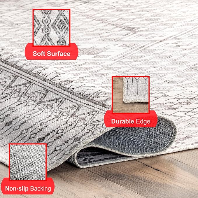nuLOOM Hettie Transitional Tribal Machine Washable Ultra Thin Area Rug, 3' x 5', Light Grey - LeafyLoom
