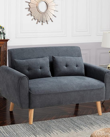 Shintenchi 47" Small Modern Loveseat Couch Sofa, Fabric Upholstered 2-Seat Sofa, Love Seat Furniture with 2 Pillows, Wood Leg for Small Space, Living Room, Bedroom, Apartment, Dark Grey - LeafyLoom