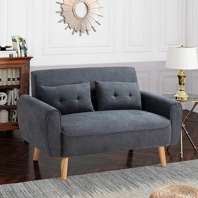 Shintenchi 47" Small Modern Loveseat Couch Sofa, Fabric Upholstered 2-Seat Sofa, Love Seat Furniture with 2 Pillows, Wood Leg for Small Space, Living Room, Bedroom, Apartment, Dark Grey - LeafyLoom