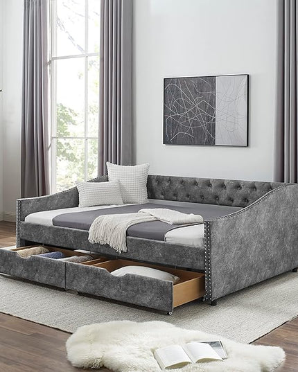 RITSU Modern Full Size Daybed with Drawers Upholstered Sofa Bed, Tufted Buttons On Back, Wooden Frame， Copper Nail On Waved Shape Arms, for Bedroom, Living Room, 80.50, Grey-1 - LeafyLoom