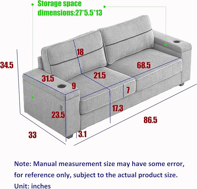 Modern Living Room Upholstered 3 Seater Sofa Couch Deep Seat Soft Corduroy Sofa&Couch with Storage Armrests, 2 Cupholders, Type-C and USB Charging Ports for Home, Apartment, Office - LeafyLoom