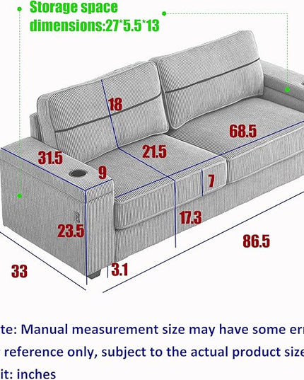 Modern Living Room Upholstered 3 Seater Sofa Couch Deep Seat Soft Corduroy Sofa&Couch with Storage Armrests, 2 Cupholders, Type-C and USB Charging Ports for Home, Apartment, Office - LeafyLoom