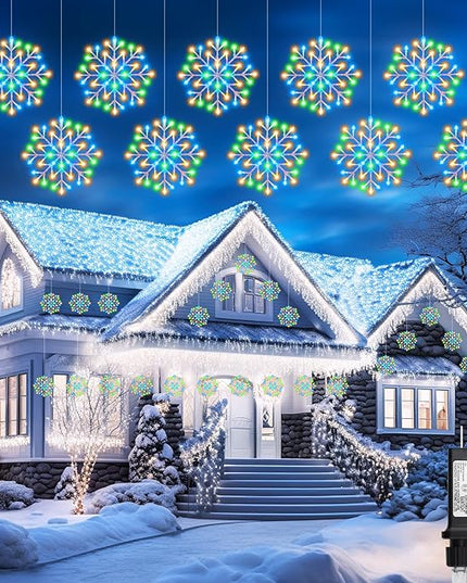 Christmas Snowflake Icicle Lights Outdoor - Plug-in 23.6ft 10 Drops 480LED Snowflake Window Lights, Connectable for Indoor Outdoor Porch Eaves Rooftops Canopy Christmas Decoration, Multicolor Brightown