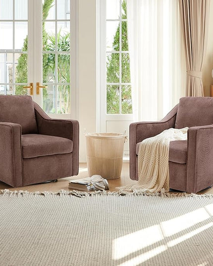 COLAMY 360° Swivel Accent Chair Set of 2, Upholstered Fabric Leisure Armchair with Lumbar Pillow for Living Room Bedroom Home Office, Brown - LeafyLoom