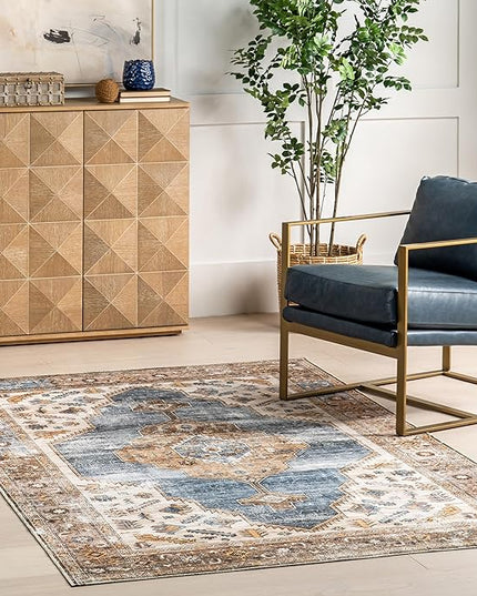 nuLOOM Gracie Distressed Medallion Machine Washable Ultra Thin Area Rug, 4' x 6', Blue - LeafyLoom
