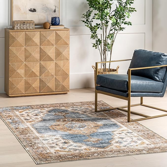 nuLOOM Gracie Distressed Medallion Machine Washable Ultra Thin Area Rug, 5x8, Blue - LeafyLoom