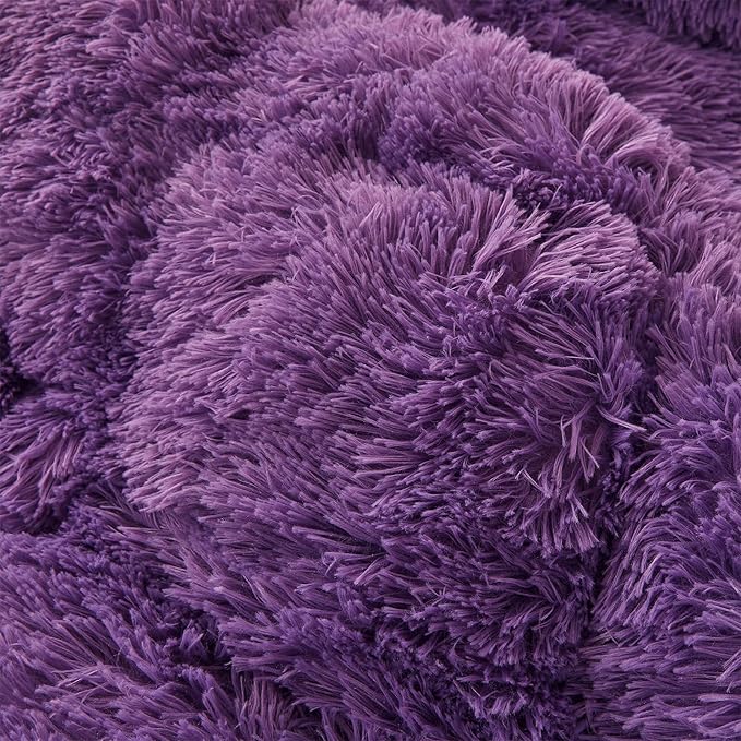 FOPPA Dark Purple Faux Fur Comforter Cover Set Ultra Soft Plush Bedding Sets 3 Pieces (1 Faux Fur Duvet Cover + 2 Faux Fur Pillow case) Zipper Closure (Queen, Dark Purple) - LeafyLoom