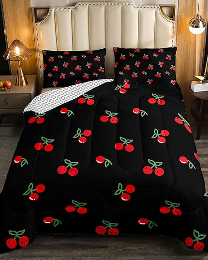 Red Cherry Comforter Set for Kids, Fruit Kawaii Bedding Set Queen, Cartoon Cute Cherry Duvet Sets for Boys Girls Women Bedroom Decor, Reversible Luxury Soft Down Comforter with 2 Pillow Cases, Black - LeafyLoom
