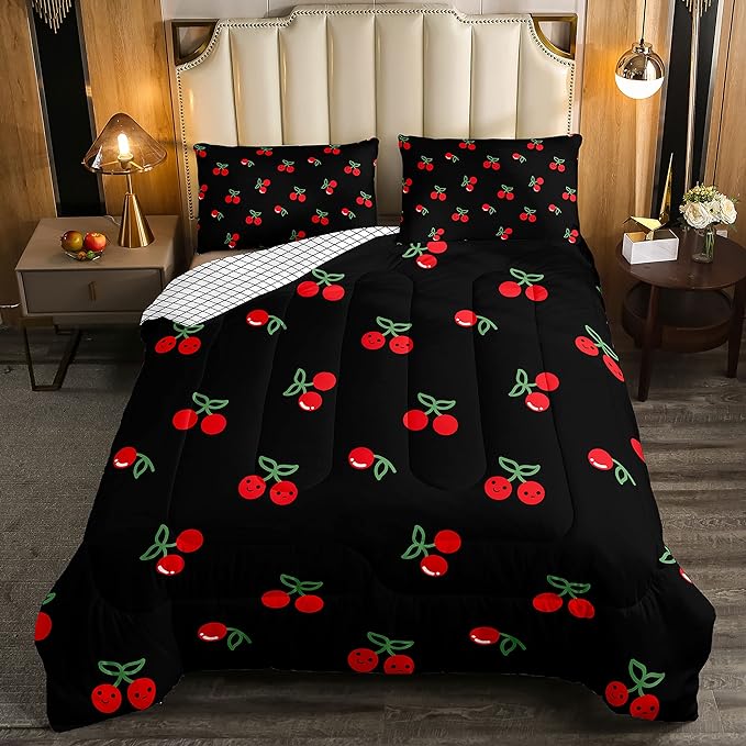 Red Cherry Comforter Set for Kids, Fruit Kawaii Bedding Set Queen, Cartoon Cute Cherry Duvet Sets for Boys Girls Women Bedroom Decor, Reversible Luxury Soft Down Comforter with 2 Pillow Cases, Black - LeafyLoom