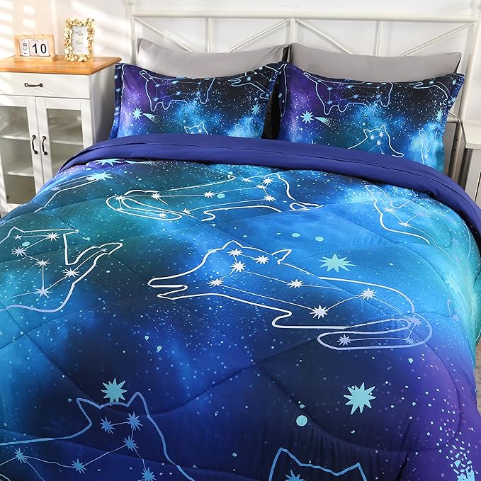 Wowelife Galaxy Bedding Set Full Size 5 Pieces Galaxy Space Comforter Set Blue 3D Galaxy Kids Comforter Sets Lightweight with Comforter, Flat Sheet, Fitted Sheet and 2 Pillowcases - LeafyLoom