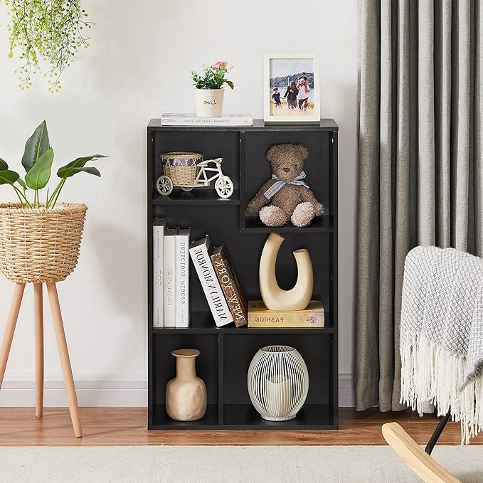 VECELO 5 Cube Modern Bookcases, Fits Tallest Hardcovers, Vertical or Horizontal Use Available, 31 Inch High Cubby Storage Organizer, Suit for Living Room, Bedroom, Children Room, Black - LeafyLoom