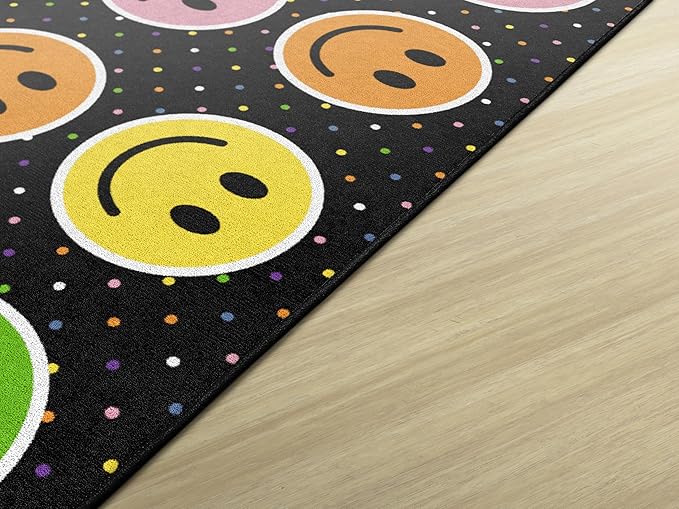 Flagship Carpets Smiley Seating (Seats 20) Classroom Area Rug or Educational Learning Mat, Kids Room or Playroom Carpet, 6' x 8'4", Black/Multi - LeafyLoom