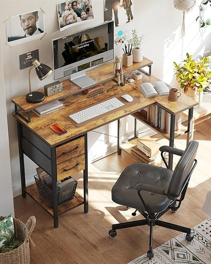 CubiCubi L Shaped Computer Desk with Monitor Stand & Shelves, 47 Inch Corner Home Office Desk Writing Table with Storage Drawer, Brown - LeafyLoom
