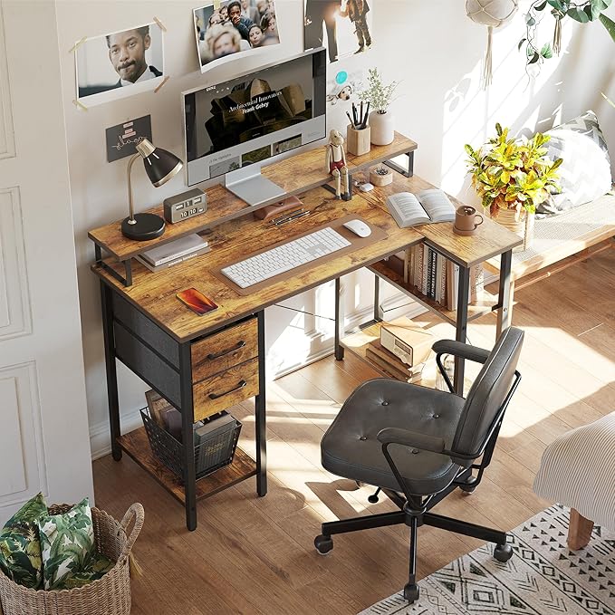 CubiCubi L Shaped Computer Desk with Monitor Stand & Shelves, 47 Inch Corner Home Office Desk Writing Table with Storage Drawer, Brown - LeafyLoom