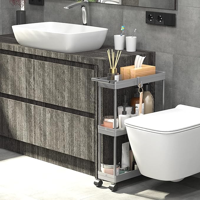 Simple Houseware Kitchen Cart Storage 3-Tier Slim/Super Narrow Shelves with Handle, 26.5'' Height/5.5'' Width for Narrow Place, Grey - LeafyLoom