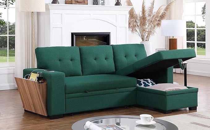 92" L-Shape Sectional Sofa with Storage Chaise Pull-out bed, Linen Tufted Upholstery Corner Couch W/Side Open Cup Holder for Living Room, Apartment,Office,Home Furniture Sets,Green - LeafyLoom