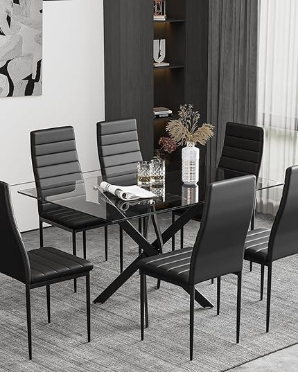 Tempered Glass Dining Table with Black Metal Legs, 47in Modern Rectangular Kitchen Table for Kitchen Dining Room Home Office (47.24 * 27.55, Black) - LeafyLoom