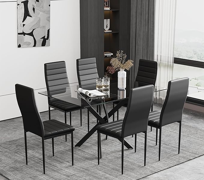 Tempered Glass Dining Table with Black Metal Legs, 47in Modern Rectangular Kitchen Table for Kitchen Dining Room Home Office (47.24 * 27.55, Black) - LeafyLoom