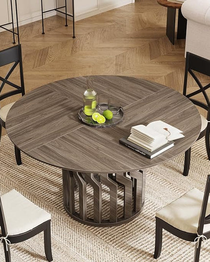 Round Dining Table for 4-6 People, 47-Inch Gray Dining Room Table, All-Wood Design Circle Kitchen Table with Strong Pedestal Base, Modern Dinner Table for Dining Room - LeafyLoom