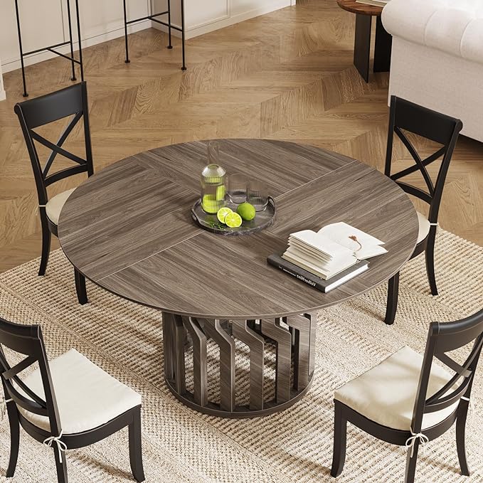 Round Dining Table for 4-6 People, 47-Inch Gray Dining Room Table, All-Wood Design Circle Kitchen Table with Strong Pedestal Base, Modern Dinner Table for Dining Room - LeafyLoom