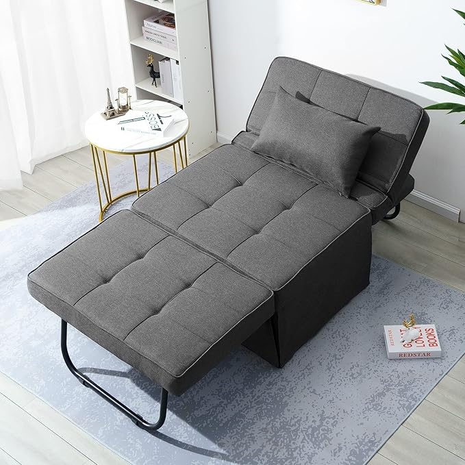 Sofa Bed, 4 in 1 Multi-Function Folding Ottoman Breathable Linen Couch Bed with Adjustable Backrest Modern Convertible Chair for Living Room Apartment Office, Dark Grey - LeafyLoom