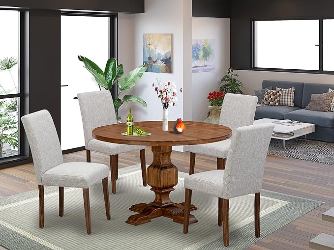 East West Furniture I3AB5-N35 Irving 5 Piece Room Set Includes a Round Dining Table with Pedestal and 4 Doeskin Linen Fabric Upholstered Parson Chairs, 48x48 Inch - LeafyLoom