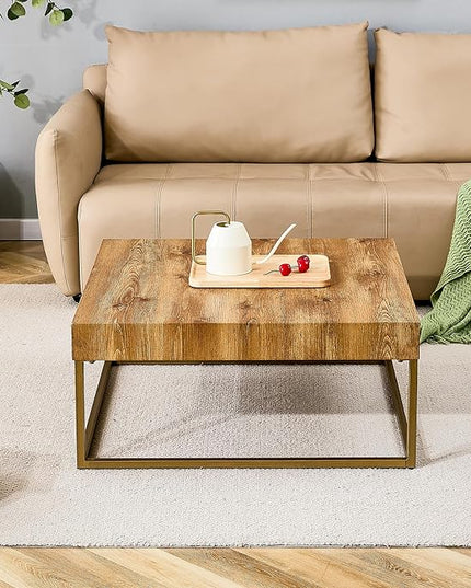 31.5'' Modern Rectangular Coffee Table with Textured Wood Tabletop for Living Room with Metal Legs Frame Natural Wood Coffee Table - LeafyLoom