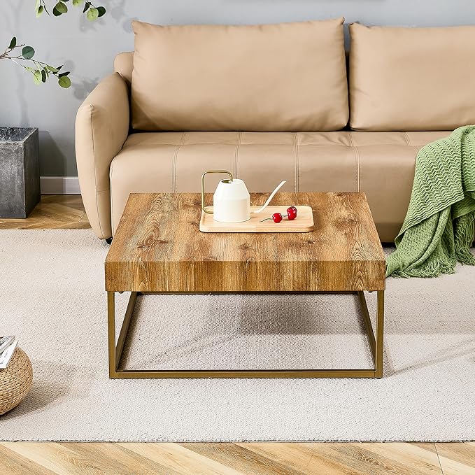 31.5'' Modern Rectangular Coffee Table with Textured Wood Tabletop for Living Room with Metal Legs Frame Natural Wood Coffee Table - LeafyLoom