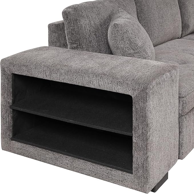 L Shaped Reversible Sleeper Sectional Sofa Pull Out Couch Bed with Storage Chaise Lounge and 2 Stools, Button Tufted Chenille Upholstered Convertible Pullout Sofabed for Living Room Office - LeafyLoom