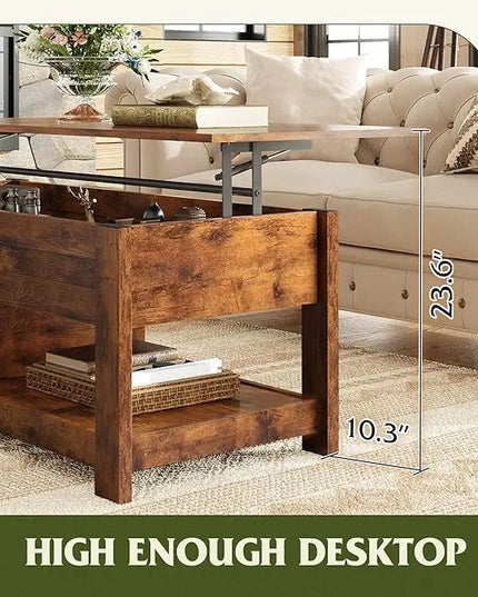 WLIVE Coffee Table, 47" Lift Top Coffee Table with Hidden Compartment and 2 Storage Shelves for Living Room, Rustic Brown - LeafyLoom